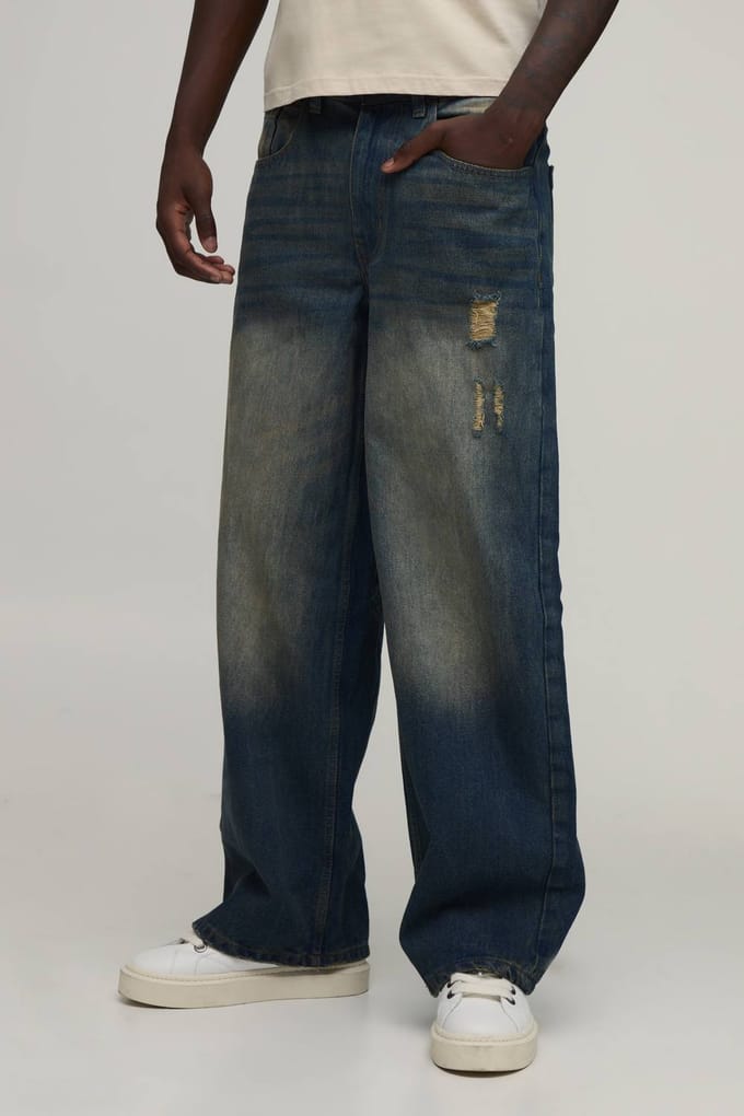 Getinte Stonewash Baggy Distressed Jeans | Size 34