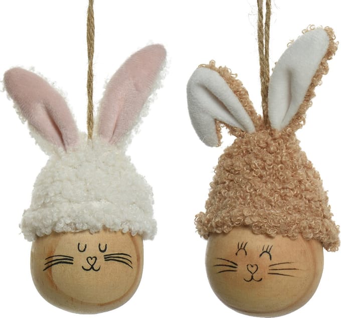 Decoratie paashaas paasei hangend - 2x - 12 cm - wit/bruin - kunststof