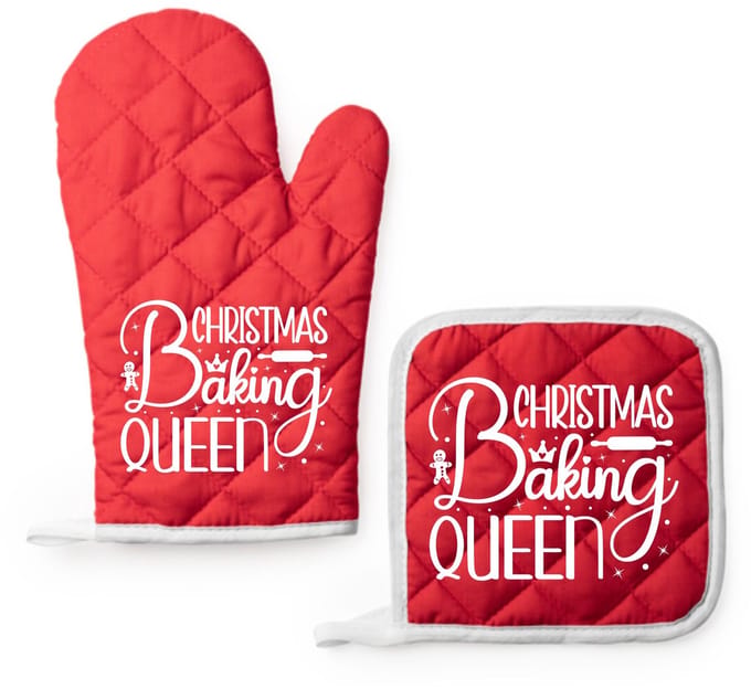 EIZOOK Kerst Kookset – Rode Ovenwant en Pannenlap met Speelse Tekst Print - CHRISTMAS BAKING QUEEN