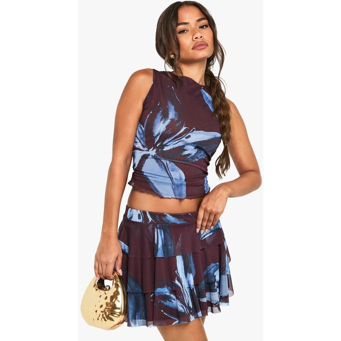 boohoo Dames Bloemenprint gestapelde mini-rok | Chocolate | Maat: 8
