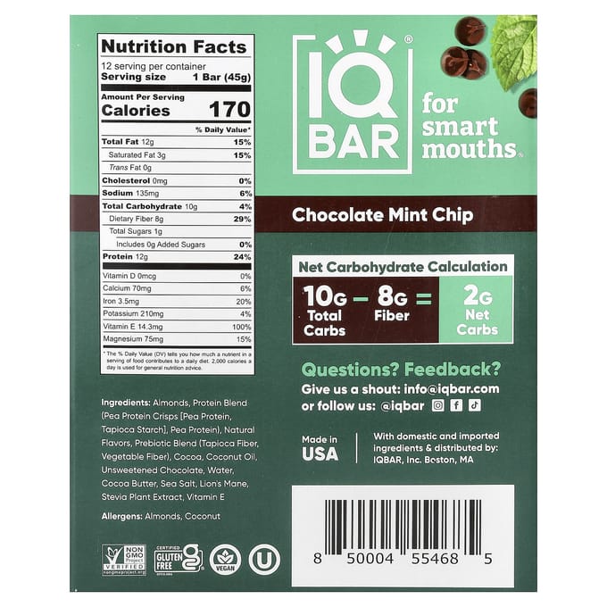 IQBAR, Plantaardige Eiwitreep, Chocolade Munt Chip, 12 Repen, 45g (1,6 oz) Elk