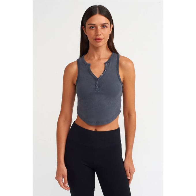 Dames Geribde Crop Blouse Met Knopen