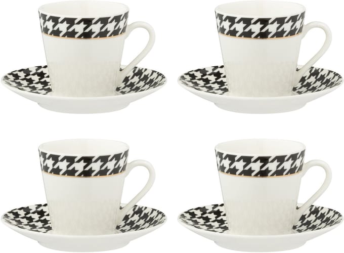 J-Line koffietas + bord Pied-Poule - porselein - wit - doos van 4
