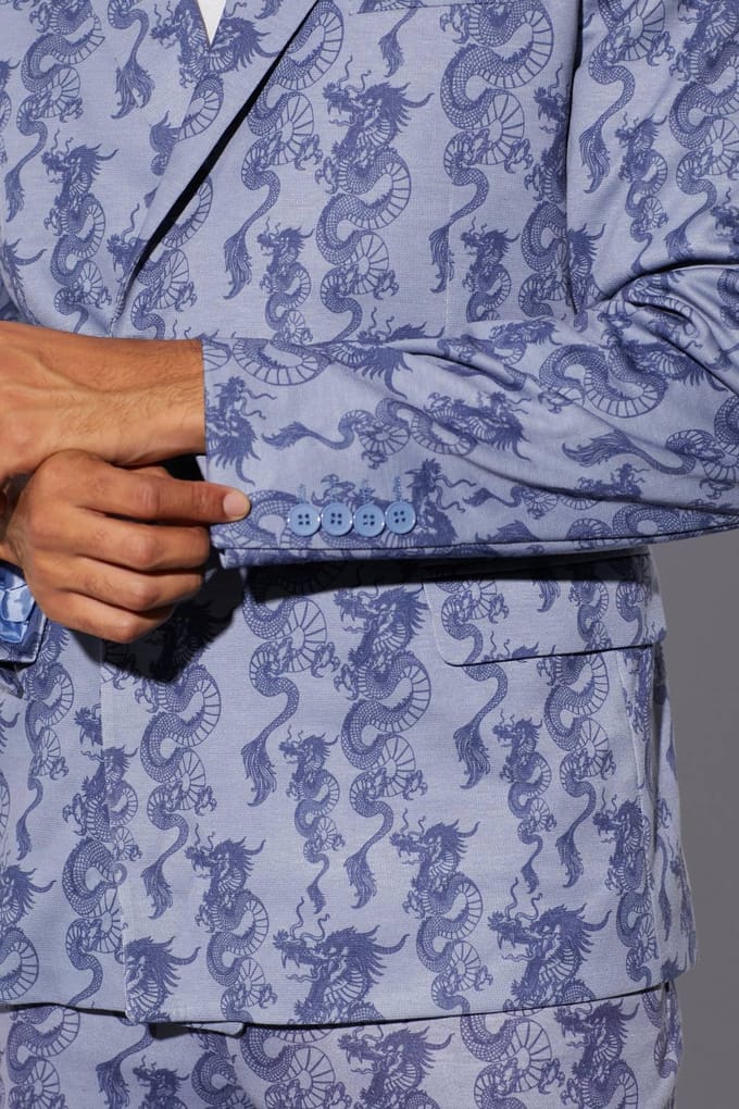Slim Fit Wrap Dragon Printed Suit Jacket | Ice Blue | Size 46