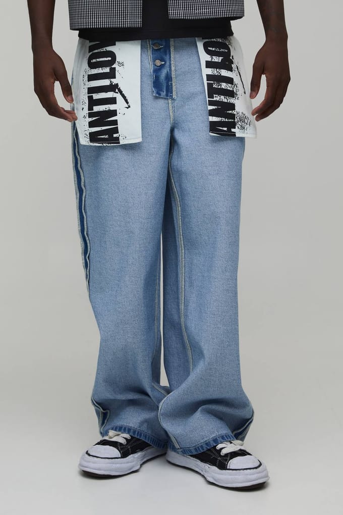 Baggy Jeans Met Omgekeerd Grafisch Zakontwerp | Light Blue | Size 32R