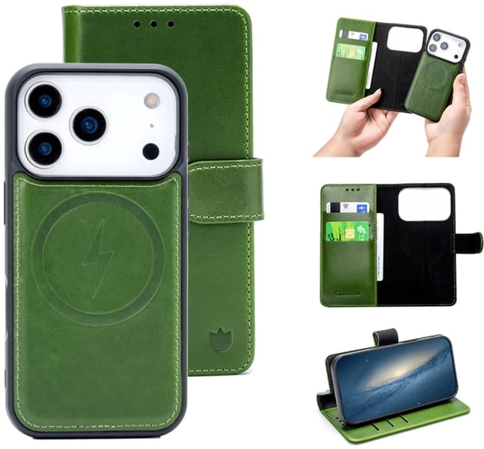Cityhoesje 2-in-1 Bookcase voor iPhone 17 Pro – Echt Leren - Groen