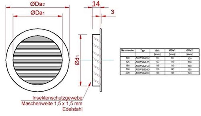 Weerbestendig rooster grijs Ø 100 aluminium voor buiten