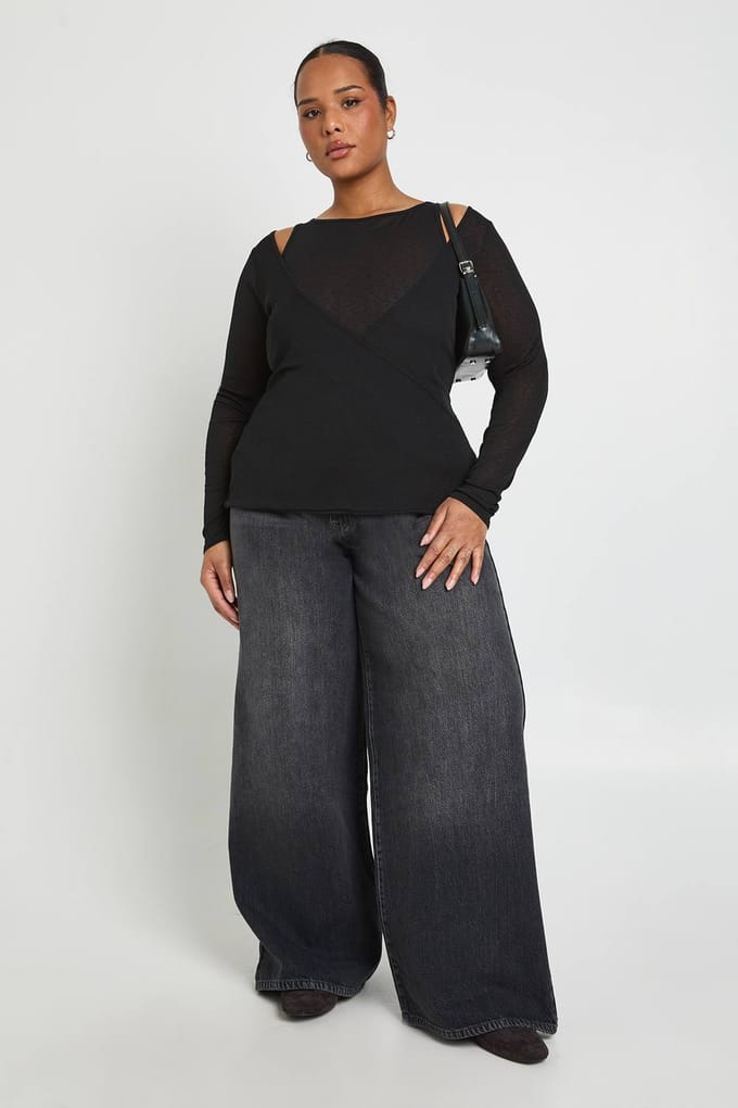 boohoo Dames Plus 2 in 1 gelaagde racer nek-wrap top | Black | Maat: 16