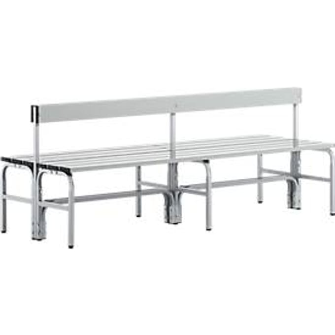 Kleedkamerbank, rvs buis/aluminium, dubbel met rugleuning, L 2000 mm, blank aluminium