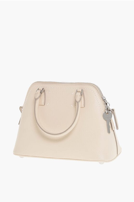 MM11 Gestructureerde leren 5AC-tas met canvasdetail in beige