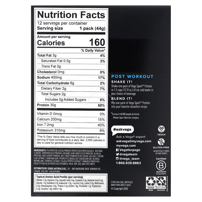 Sport, Plantaardig Premium Eiwit, Chocolade, 12 Zakjes, 44G (1.6oz) Elk
