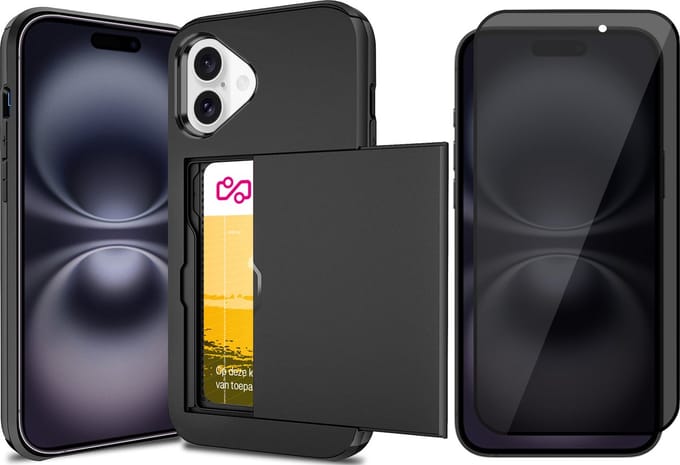 Hoesje met Pasjeshouder geschikt voor iPhone 16 Plus - Privacy Screen Protector FullGuard - Back Cover SlideCase Zwart & Screenprotector