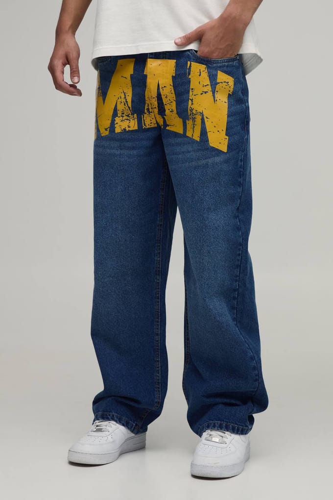 Relaxed Rigid Man Print Denim Jeans | Mid Blue | Size 50