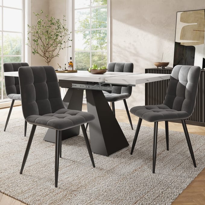 MODFU - Eethoek Met Uitschuifbare Eettafel En 4 Eetkamerstoelen - Modern - MDF, Metaal En Fluweel - Wit En Zwart
