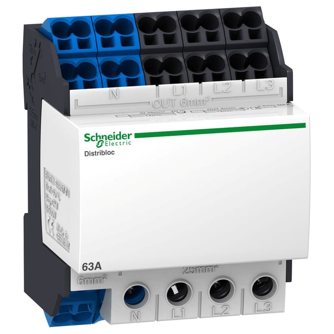Schneider Electric Linergy DX distribution block for DIN rail 63A 4-pole connection at the bottom 1x25 mm2.4x6 mm2 per phase