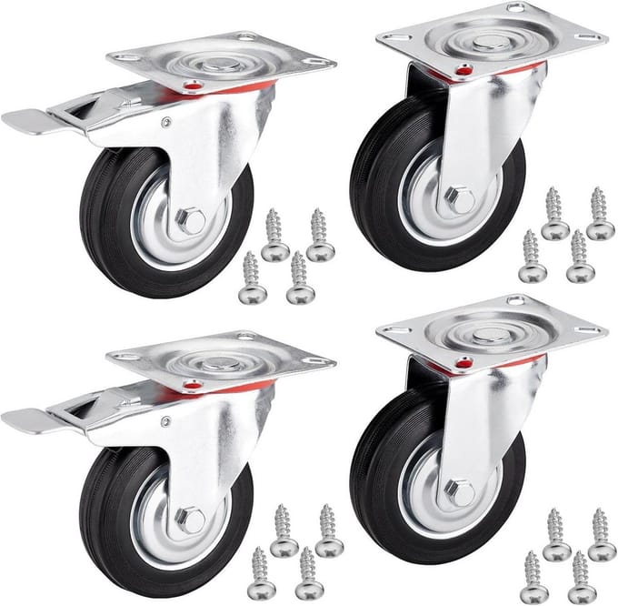 Set van 4 Zwenkwielen met Rem Ø 125 mm voor Zware Belasting