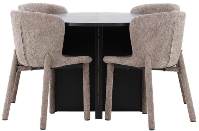 Strada eethoek uittrekbare tafel Ø120cm, 170cm en 4 stoelen zwart, bruin.