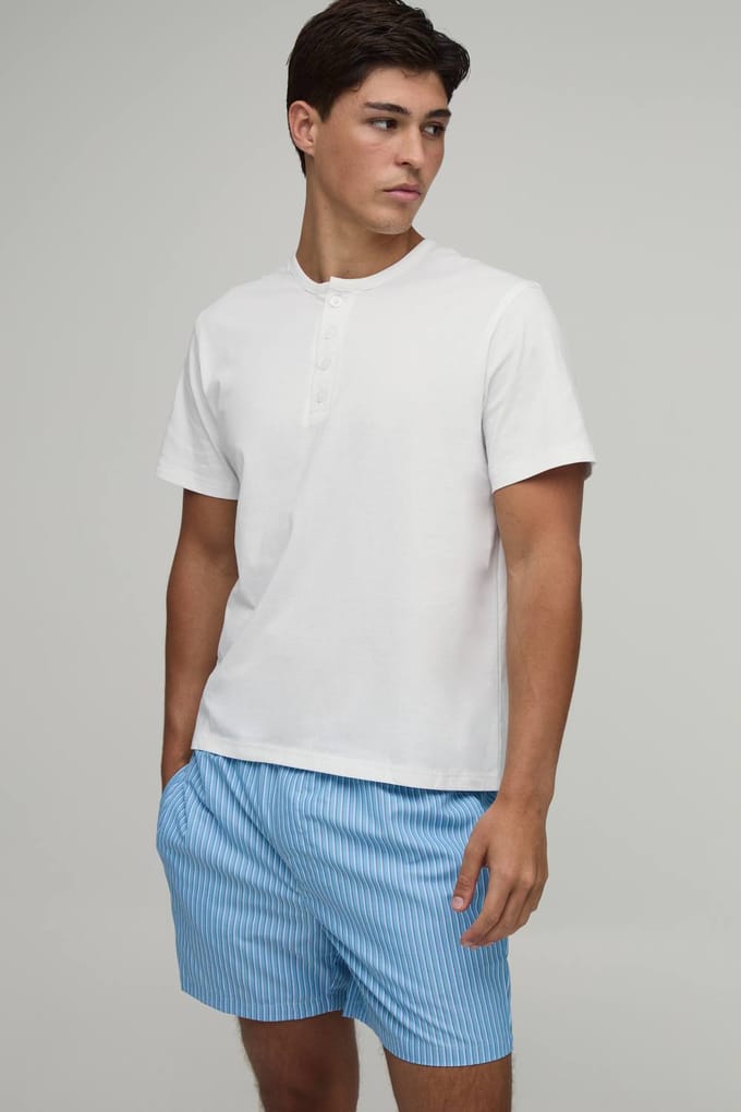 Korte Mouw Regular Fit Henley T-shirt & Boxy Korte Broek Lounge Set | Blue | Size Medium
