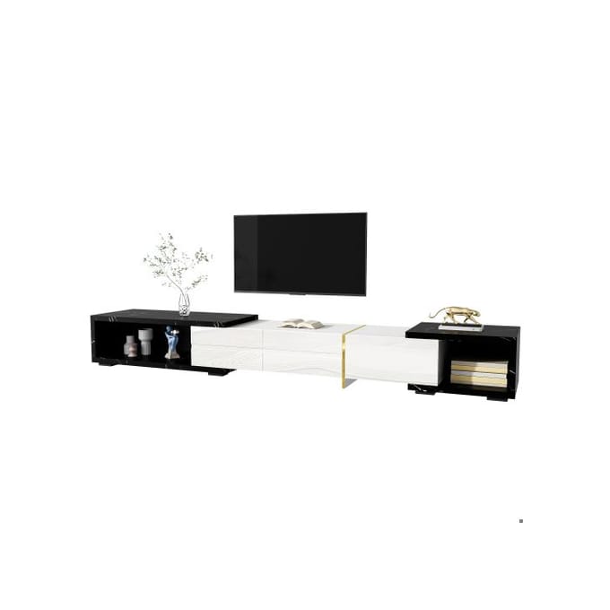 Moderne tv-meubel, variabele lengte (140-260 cm), draaifunctie, buitenkant van zwart marmer wit