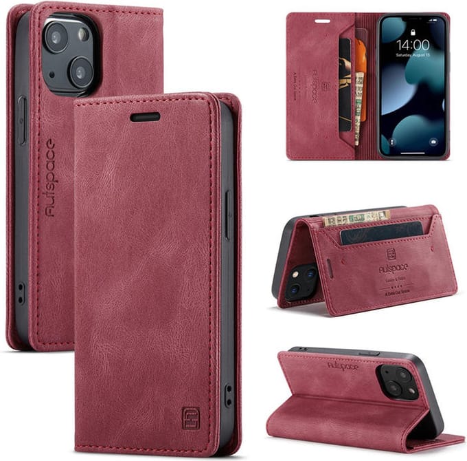 Luxe Flip Case met RFID Bescherming Kaarthouder en Magneetsluiting voor iPhone 13 Mini / 12 Mini _ Wijnrood