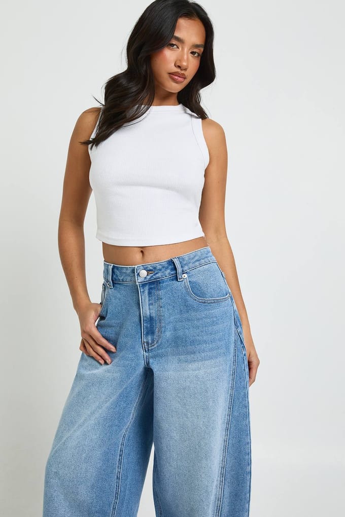boohoo Dames De Petite Mid Waist Barrel Jeans | Medium Gebleekt | Maat: 42