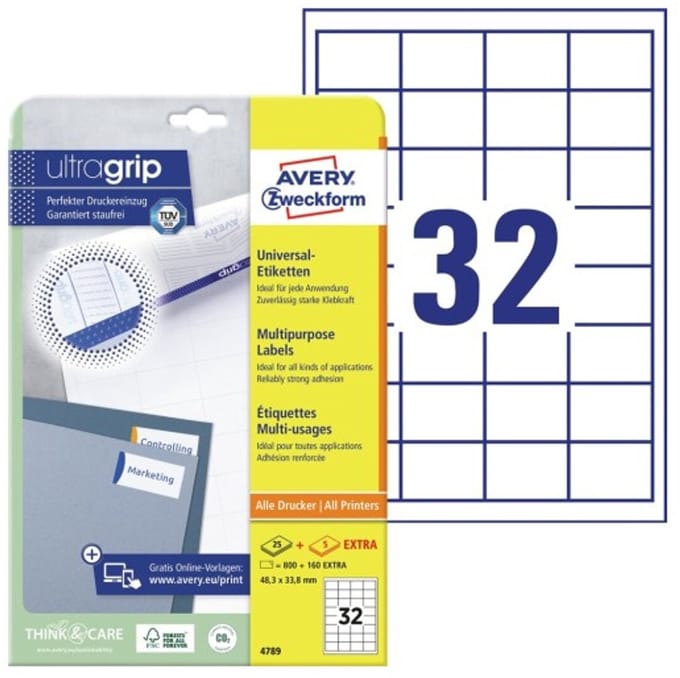 Avery 4789, Wit, Rechthoek, Permanent, A4, Universeel, Papier