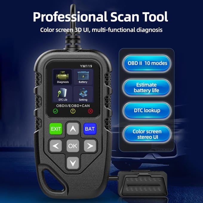OBD II Scanner, Auto Motor Foutcode Lezer Batterijtester CAN Diagnostisch Scan Tool voor 12V 0 zwart