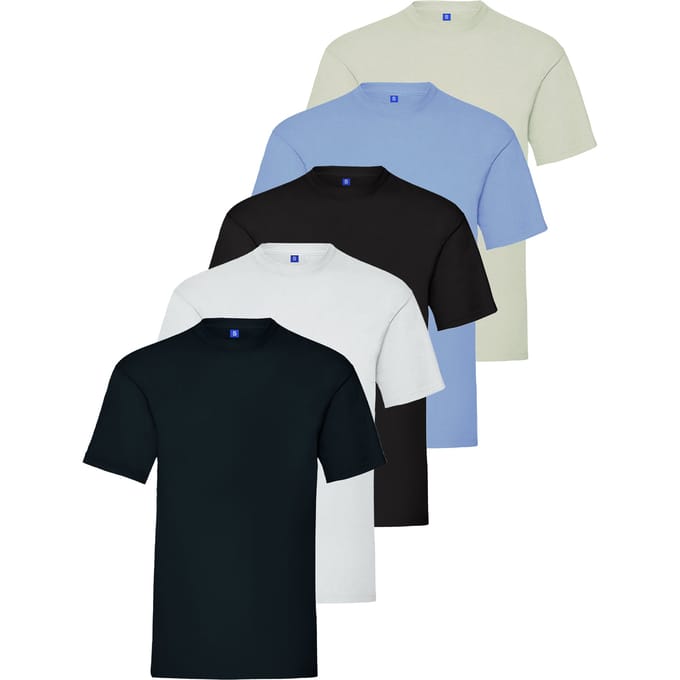 Kruze Heren Crew Neck T-Shirts (5 Pack) - BLK/GRY/SKY/NVY/WHT
