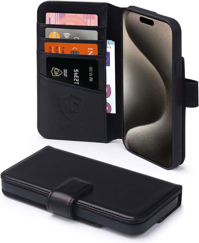MobyDefend Hoesje - Geschikt voor iPhone 15 Pro Max - Luxe Leren Wallet Bookcase - Zwart