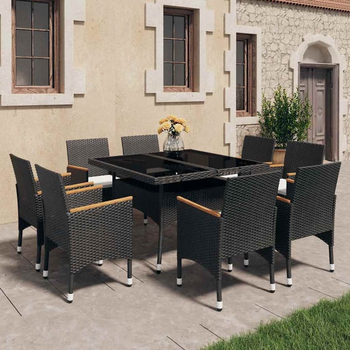 vidaXL - 9-delige - Tuinset - poly - rattan - en - acaciahout - zwart