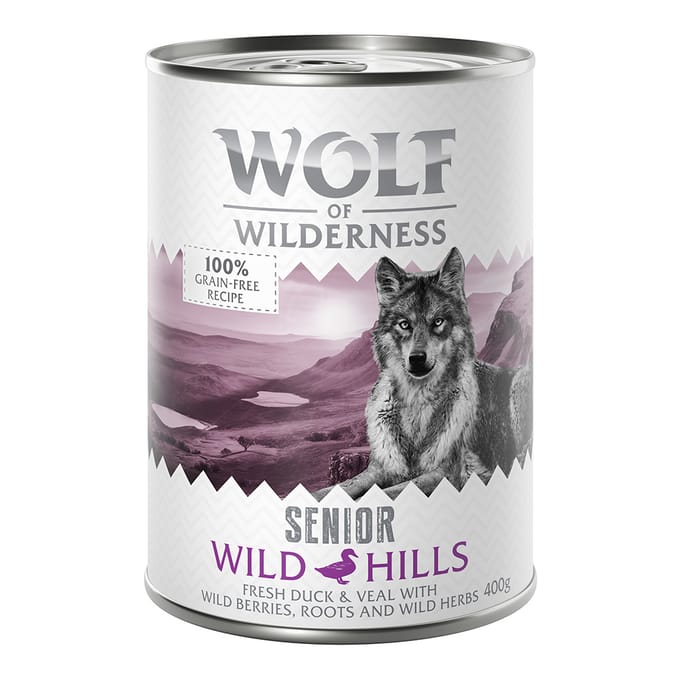 6x400g Senior Wild Hills Eend & Kalf Wolf of Wilderness Hondenvoer