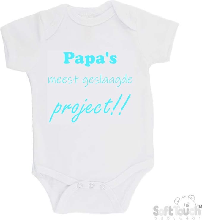 Soft Touch Romper "Papa's meest geslaagde project" Unisex Katoen Wit/aquablauw Maat 62/68