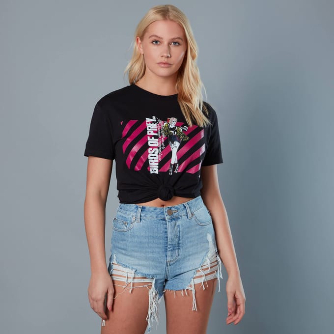 Harley Quinn Pink Stripes Unisex Birds of Prey T-Shirt - Black - L