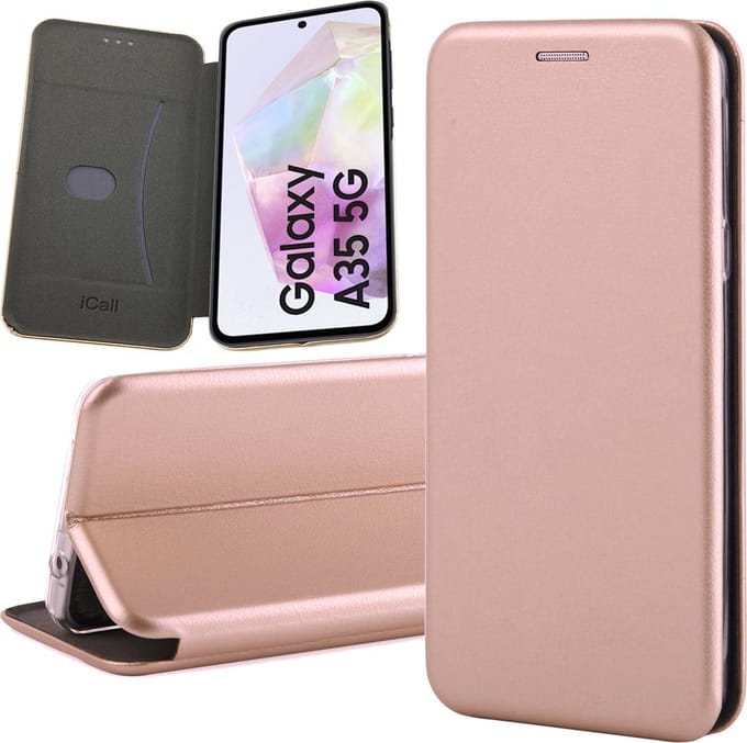 Hoesje geschikt voor Samsung Galaxy A35 - Screenprotector Glas & Camera - Wallet Book Case Rosegoud