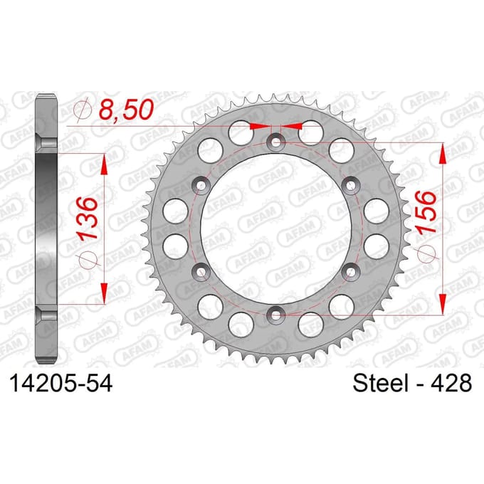 Stalen tandwiel Afam 428 54 dents