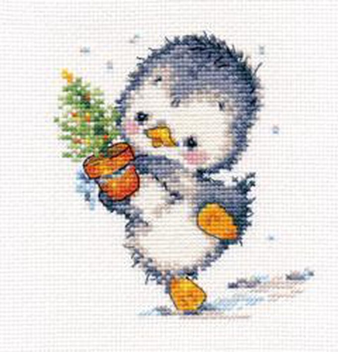 Pinguin met kerstboompje borduren (pakket)