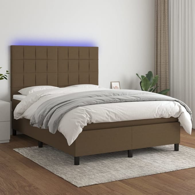 vidaXL - Boxspring - met - matras - en - LED - stof - donkerbruin - 140x200 - cm