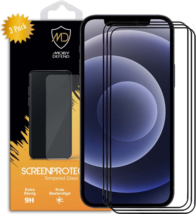 3-Pack MobyDefend Screenprotectors - Geschikt voor iPhone 12 Mini - Screensavers Met Zwarte Randen - Gehard Glas