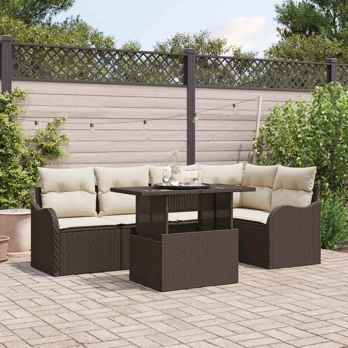 vidaXL Tuinbank Set met kussen met kussen 6 pcs Bruin Poly Riet
