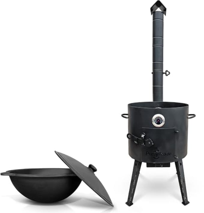 Vuurkachel met thermometer en gietijzeren pan voor buitengebruik