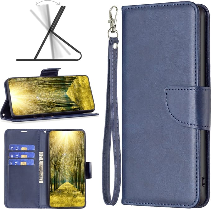 MobyDefend Hoesje - Geschikt voor iPhone 14 Plus - Wallet Book Case Met Koord - Blauw
