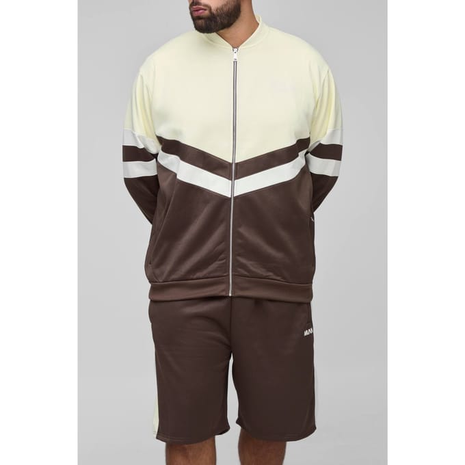 Plus Men's Tricot Colour Block Trekkraag Jas & Oversized Korte Set | Brown | Size 3XL