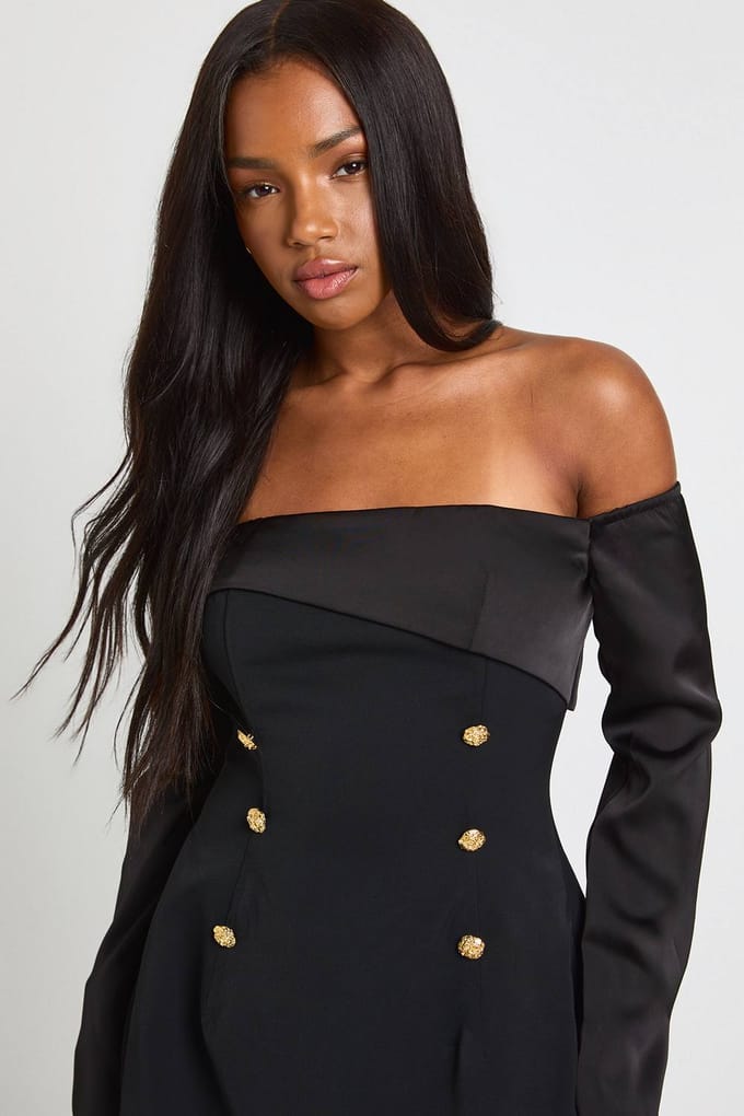 boohoo Dames Bardot lange mouwen getailleerde mini-jurk | Black | Maat: 10