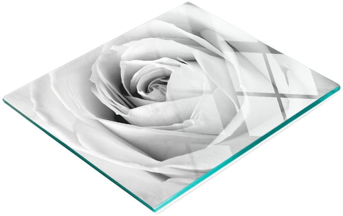 Decoratieve snijplank van gehard glas met witte roos, 60x52 cm