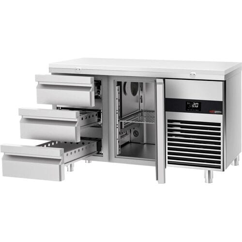 GGM Gastro Koelwerkbank PREMIUM - 1400x700mm - met 1 deur - 3 lades - met snijplaat wit
