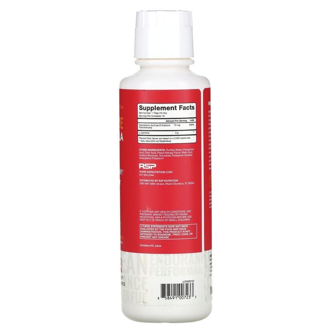 RSP Nutrition, l-Carnitine, Complément pour la gestion du poids, Saveur pêche mangue, 3 000 mg, 16 fl oz (473ml)