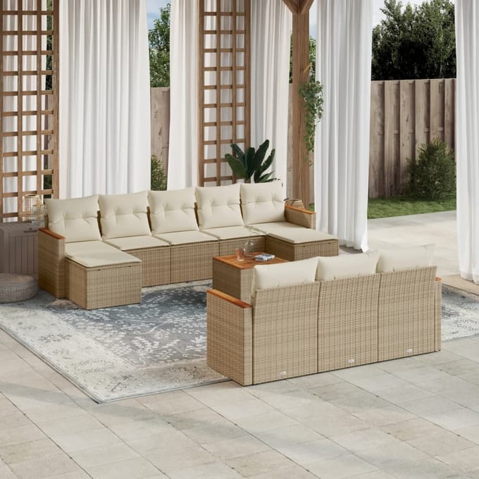 vidaXL - 11-delige - Tuinset - met - kussens - poly - rattan - beige