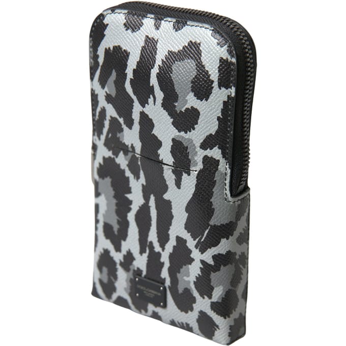 Dolce & Gabbana Grijze Luipaard Leder Heren Handtas Schoudertas Telefoon Tas