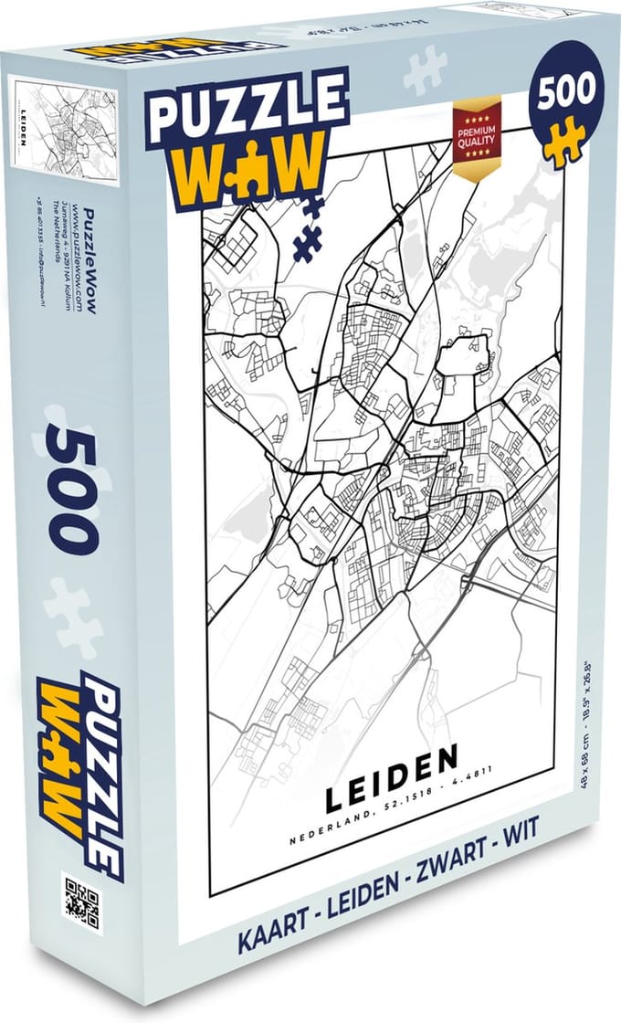 Puzzel Kaart - Leiden - Zwart - Wit - Legpuzzel - Puzzel 500 stukjes