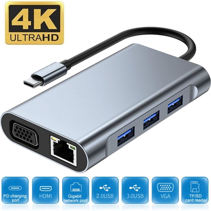 Innerlight® Connect+ 7 in 1 USB C Hub - USB splitter - USB Hub - USB C dock - USB 3.0 - 4K UHD HDMI - VGA - SD Card - Micro SD Card - USB C internet adapter - USB C Cardreader - Geschikt voor Macbook - Windows - Tablet - Universeel
